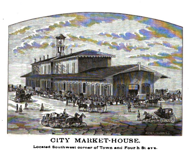 Columbus Central Market, built in 1849 along 4th Street between Town and Rich streets, is seen here in an 1858 image. The market's second floor was home to Columbus City Council until City Hall was built in 1872, and also served as a courtroom in addition to a public meeting hall.