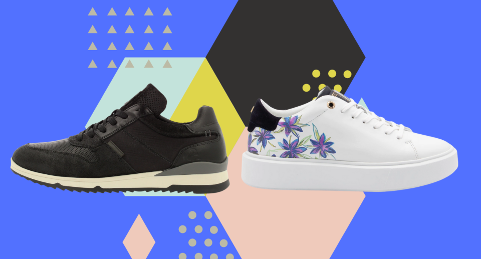 black men's sneaker and white women's sneaker with purple flowers on colourful geometric background