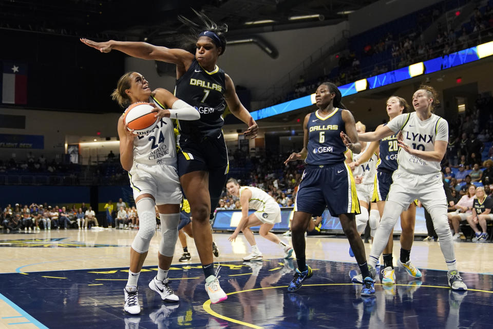 Minnesota Lynx forward Napheesa Collier (24) works for a shot-attempt as Dallas Wings center Teaira McCowan (7) defends in the second half of a WNBA basketball game, Thursday, Aug. 24, 2023, in Arlington, Texas. Wings' Natasha Howard (6) and Lynx's Jessica Shepard (10) watch the play. (AP Photo/Tony Gutierrez)