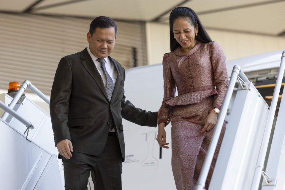 In this photo released by ASEAN via Australian Government, Cambodian Prime Minister Hun Manet and his wife Pich Chanmony arrive in Melbourne for the ASEAN Special Summit, Saturday, March 2, 2024. The ASEAN-Australia Special Summit that starts in Melbourne on Monday, March 4, marks 50 years since Australia became the first official partner of the Asian bloc. (Andrew Taylor, ASEAN/Australian Government via AP, File)