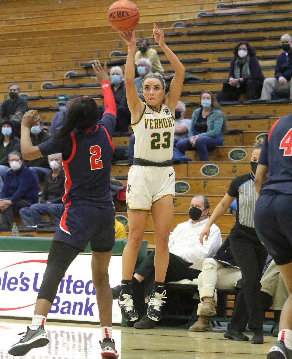 Vermont's Emma Utterback shoots a 3-pointer during the Catamounts 71-63 loss to Stony Brook on Wednesday night at UVM's Patrick Gym.