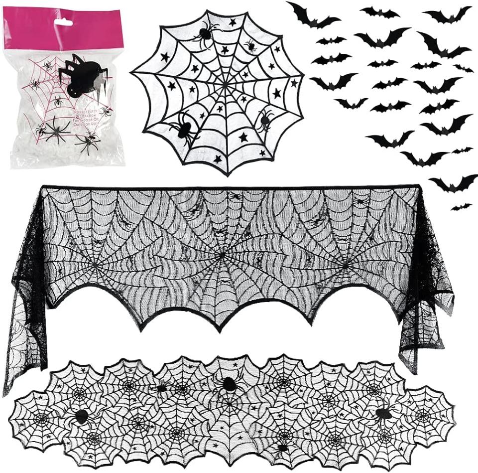 5 Pack Halloween Decorations Sets - Fireplace Mantel Scarf & Lace Tablecloth Runner & Round Table Cover & 60g Stretchy Spider Web & 72pcs Scary 3D Bat for Halloween Party