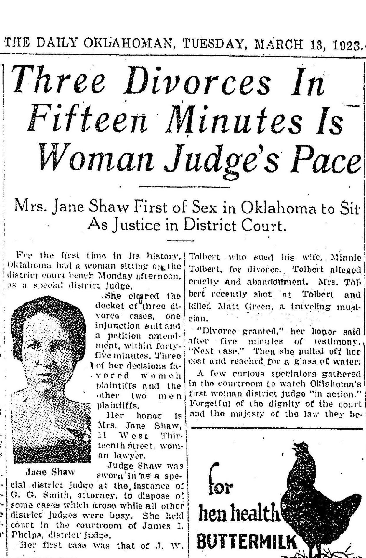 New District Judge Jane Shaw set to work clearing three divorces in 15 minutes in 1923. She was the first woman to serve as a district judge in Oklahoma.