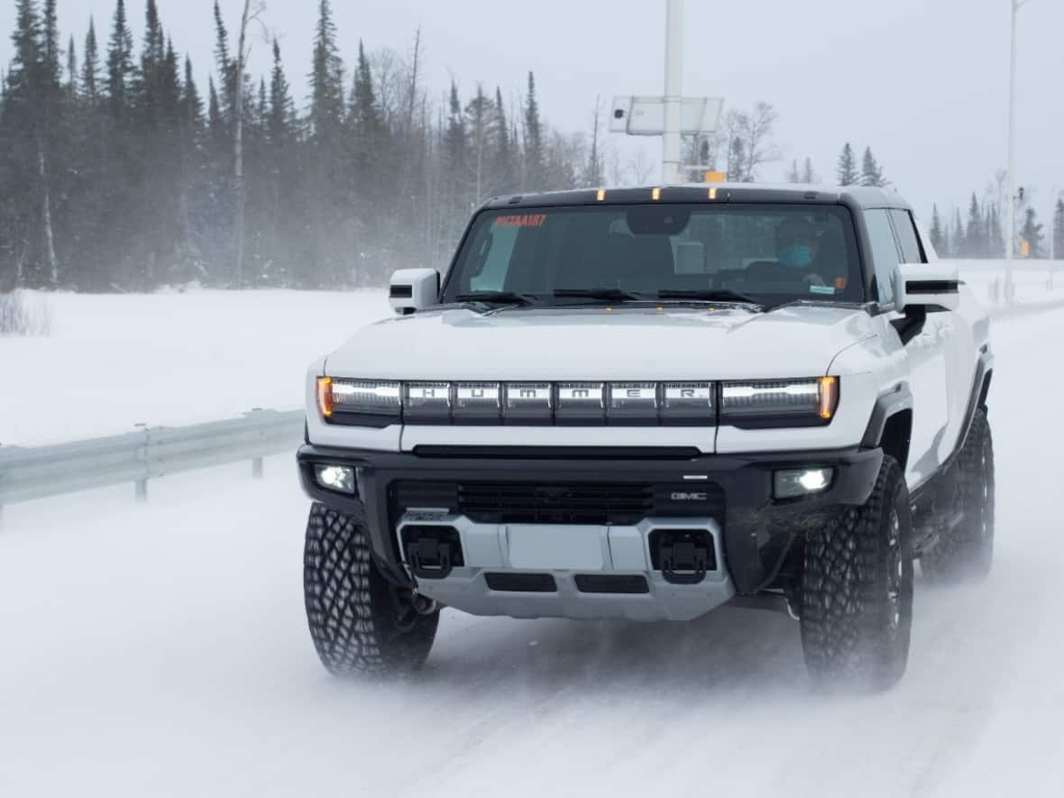 General Motors tests its new and upcoming electric vehicles, like the Hummer EV, at its proving grounds in Kapuskasing, Ont. They see how vehicles perform in extreme cold weather and how they can improve them. (Submitted by General Motors - image credit)