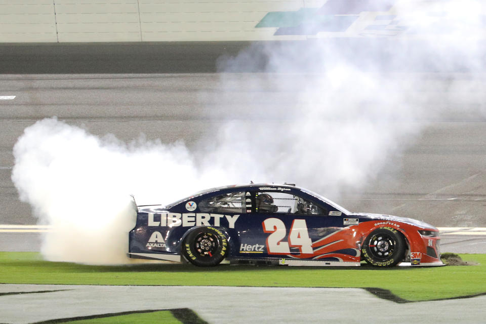 DAYTONA BEACH, FLORIDA - AUGUST 29: William Byron, driver of the #24 Liberty University Chevrolet, celebrates with a burnout after winning the NASCAR Cup Series Coke Zero Sugar 400 at Daytona International Speedway on August 29, 2020 in Daytona Beach, Florida. (Photo by Chris Graythen/Getty Images)