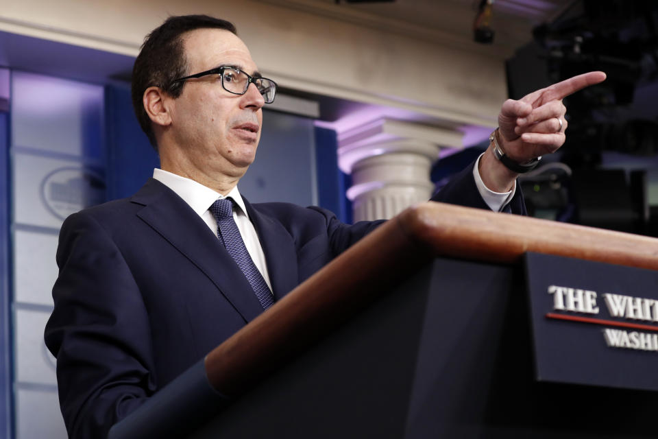 Treasury Secretary Steven Mnuchin announces the threat of sanctions on Turkey in the Briefing Room of the White House in Washington, Friday, Oct. 11, 2019. The White House is putting Turkey on notice that it could face new "powerful sanctions" and the US. will "shut down the Turkish economy" if Ankara goes too far in its incursion against the Kurds in northern Syria. (AP Photo/Jacquelyn Martin)