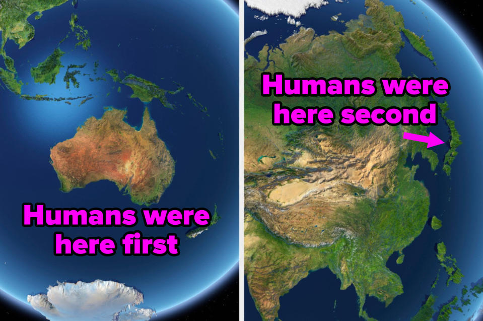 "Humans were here first" written over Australia on a globe and "Humans were here second" written over Japan on a globe