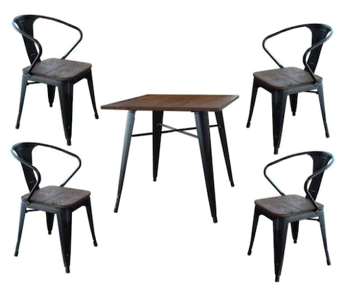 AmeriHome Loft Style Glossy Black Dining Set with Wooden Tops