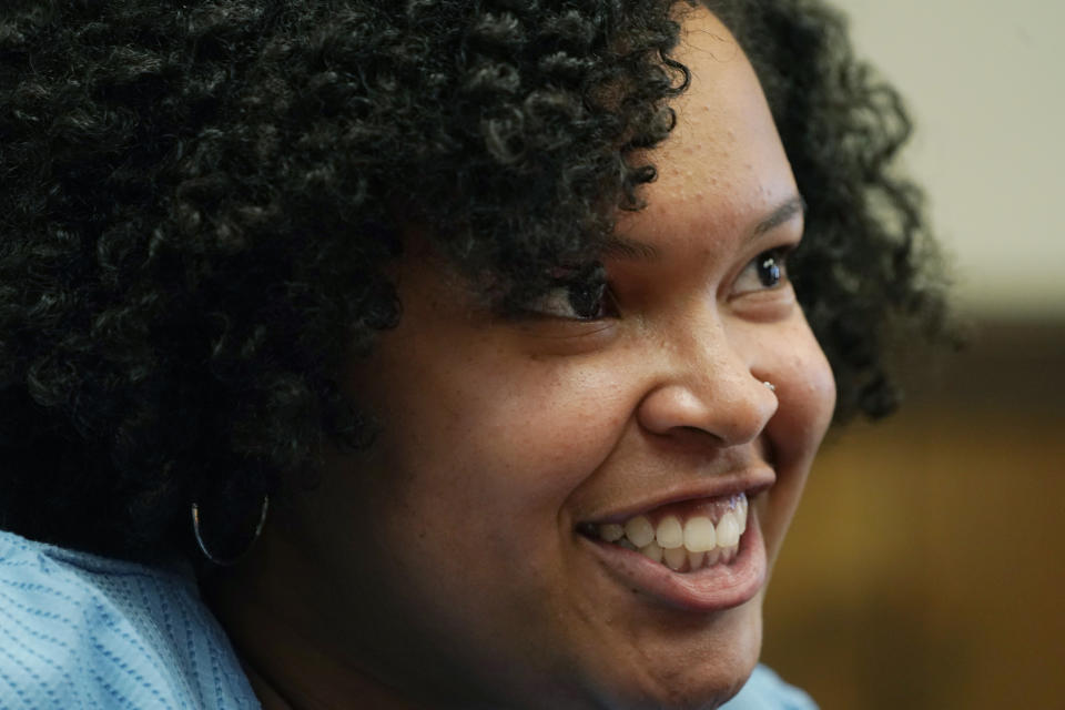 Kennadie Boykin, 21, president of JSU Vote, a campus organization, speaks about elections, race and voter fatigue during a roundtable discussion with other youth community activists, on Oct. 25, 2023, in Jackson, Miss. (AP Photo/Rogelio V. Solis)