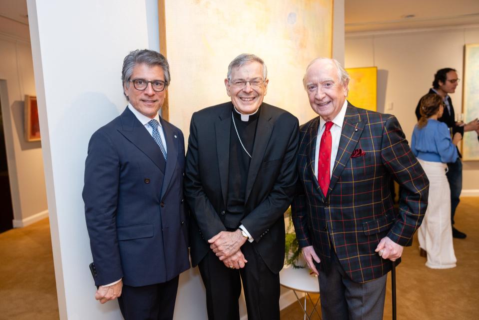 Adolfo Zaralegui, Most Rev. Gerald Barbarito, bishop of Palm Beach, and James Borynack at the Findlay Galleries annual Christmas event to benefit Catholic Charities in December. The Caritas Dei Bishop's Gala kickoff is set for Dec. 19 at Findlay Galleries.