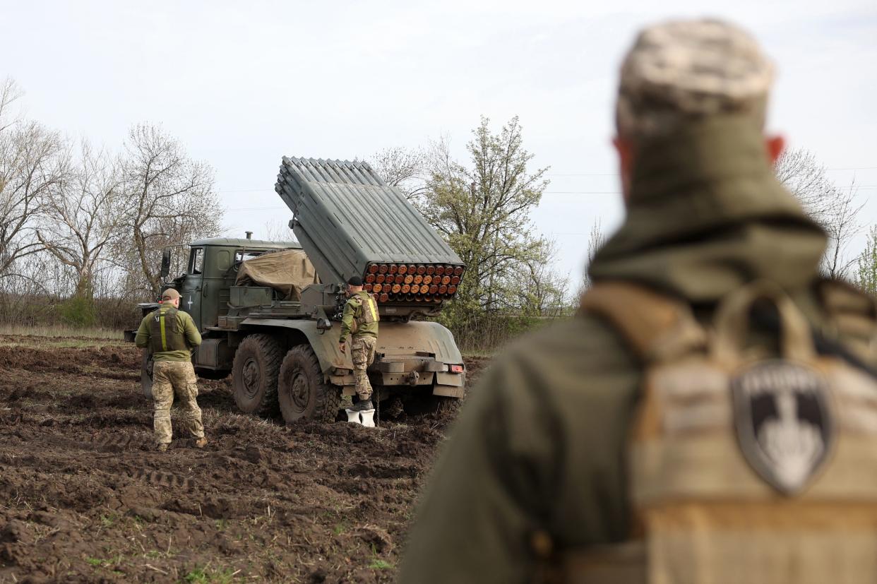 Ukrainian forces of the 80th separate airborne assault brigade prepare a BM-21 Grad multiple rocket launcher for fire towards Russian positions on the front line near Bakhmut (AFP via Getty Images)