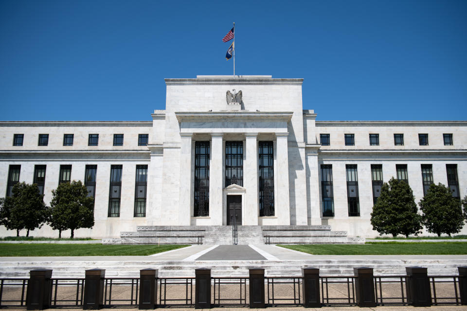 A general view of the Federal Reserve building in Washington, D.C., on May 2, 2020 amid the Coronavirus pandemic. Earlier today, thousands of visitors flocked to the Mall and other scenic sites around the Capital area to see a flyover by Navy Blue Angels and Air Force Thunderbirds in honor of medical personnel and first responders, meanwhile the global confirmed COVID-19 death toll approached 250,000.(Graeme Sloan/Sipa USA)