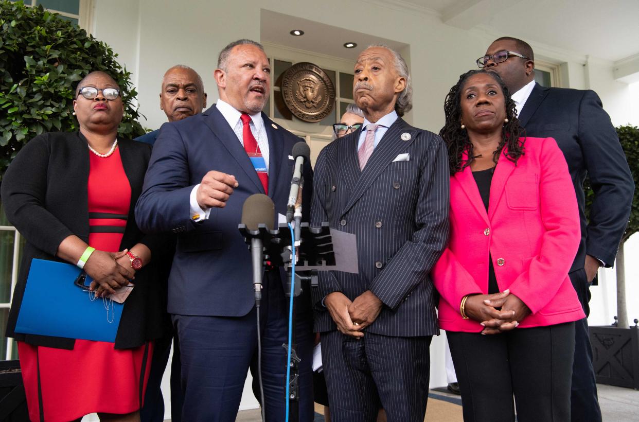 Marc Morial, Al Sharpton and Sherrilyn Ifill speak with reporters after a White House meeting with President Joe Biden on critical voting rights protections on 8 July. (AFP via Getty Images)