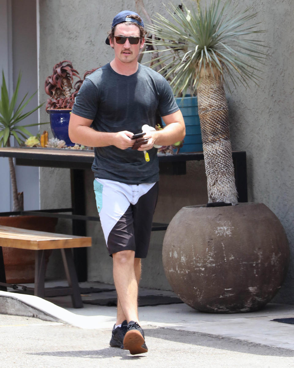<p>Miles Teller leaves the gym after a workout in L.A. on June 20.</p>