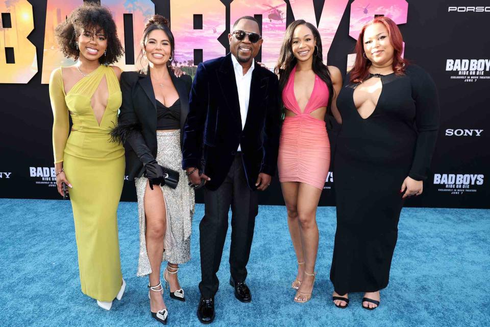 <p>Eric Charbonneau/Getty</p> From left: Iyanna Faith Lawrence, Angie Gonzalez, Martin Lawrence, Jasmine Page Lawrence and Amara Trinity Lawrence on May 30, 2024