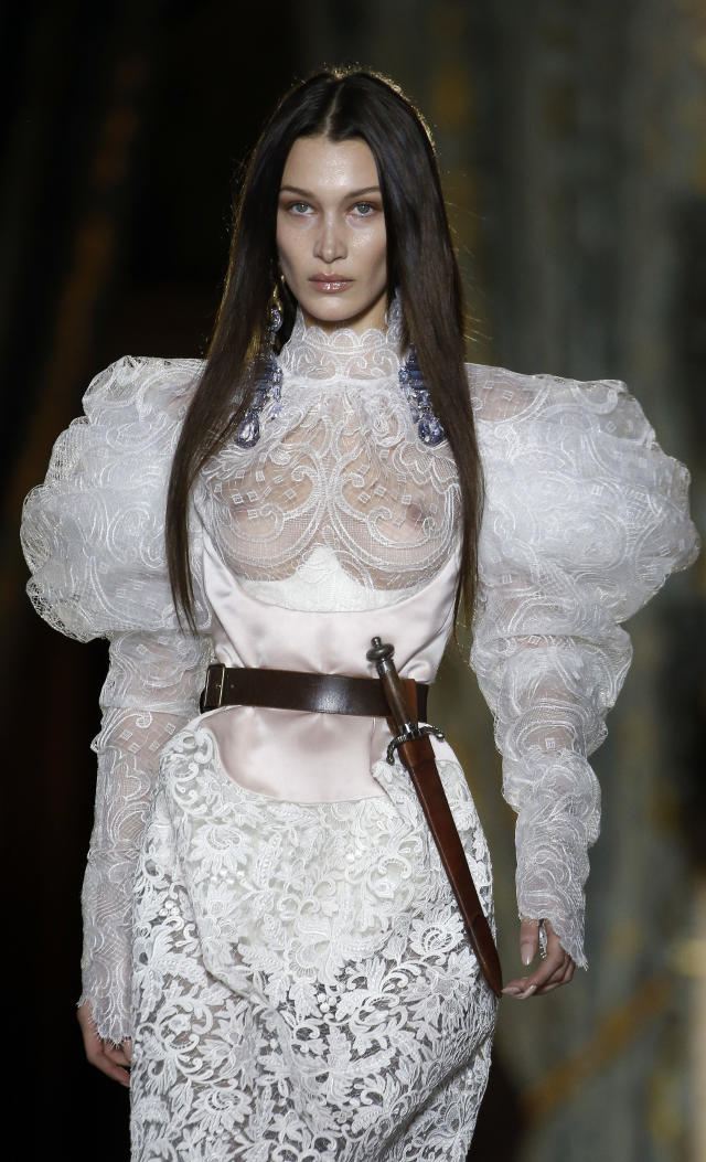 A model walks on the runway at the Vivienne Westwood fashion show