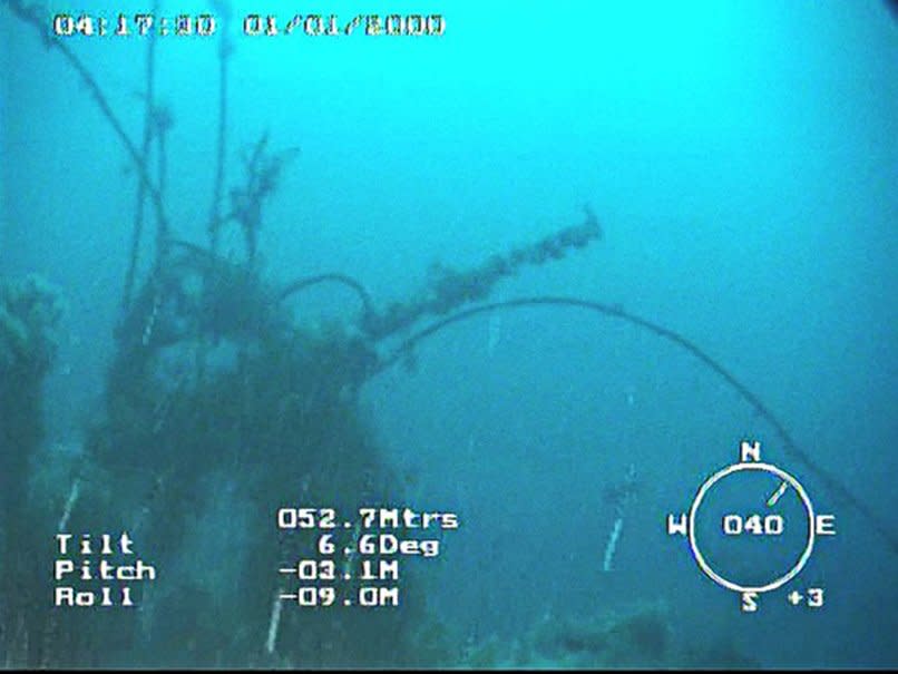 The wreck of the Royal Navy tug Empire Wold, discovered by Iceland's coastguard 74 years after it sank during the Second World War. This image shows the vessel's forward gun: Royal Navy