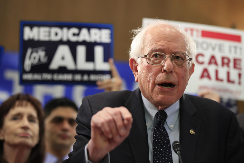 Sen. Bernie Sanders, I-Vt., introduces the Medicare for All Act of 2019, on Capitol Hill in Washington, Wednesday, April 10, 2019. (AP Photo/Manuel Balce Ceneta)