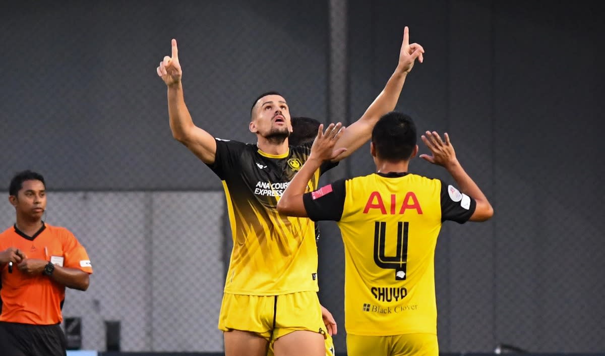 Tampines Rover striker Boris Kopitovic celebrates scoring the opener in their Singapore Premier League match against Tanjong Pagar United. (PHOTO: SPL/Facebook)