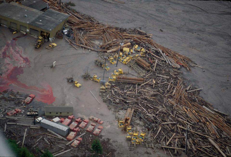 A logging operation along the Toutle River, Wash., about 20 miles from the Mount St. Helens volcanic eruption, is in ruins after flooding from ice and snow melt from the mountain, May 1980.