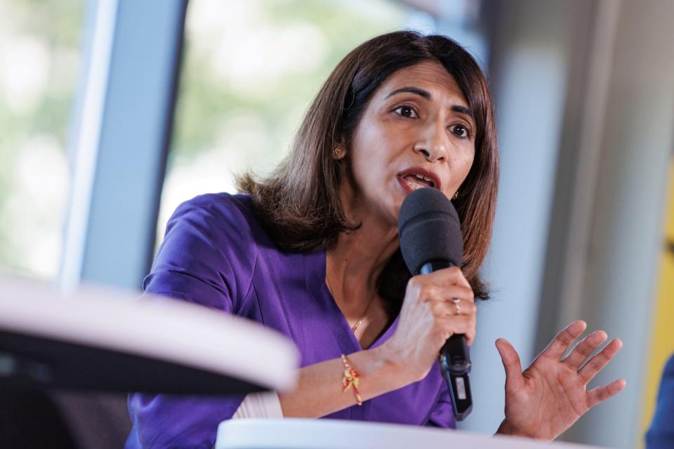 Mississauga mayoral candidates Dipika Damerla, pictured, Stephen Dasko and Alvin Tedjo take part in a live debate hosted by the CBC’s David Common, at the Living Arts Centre, on May 30, 2024.