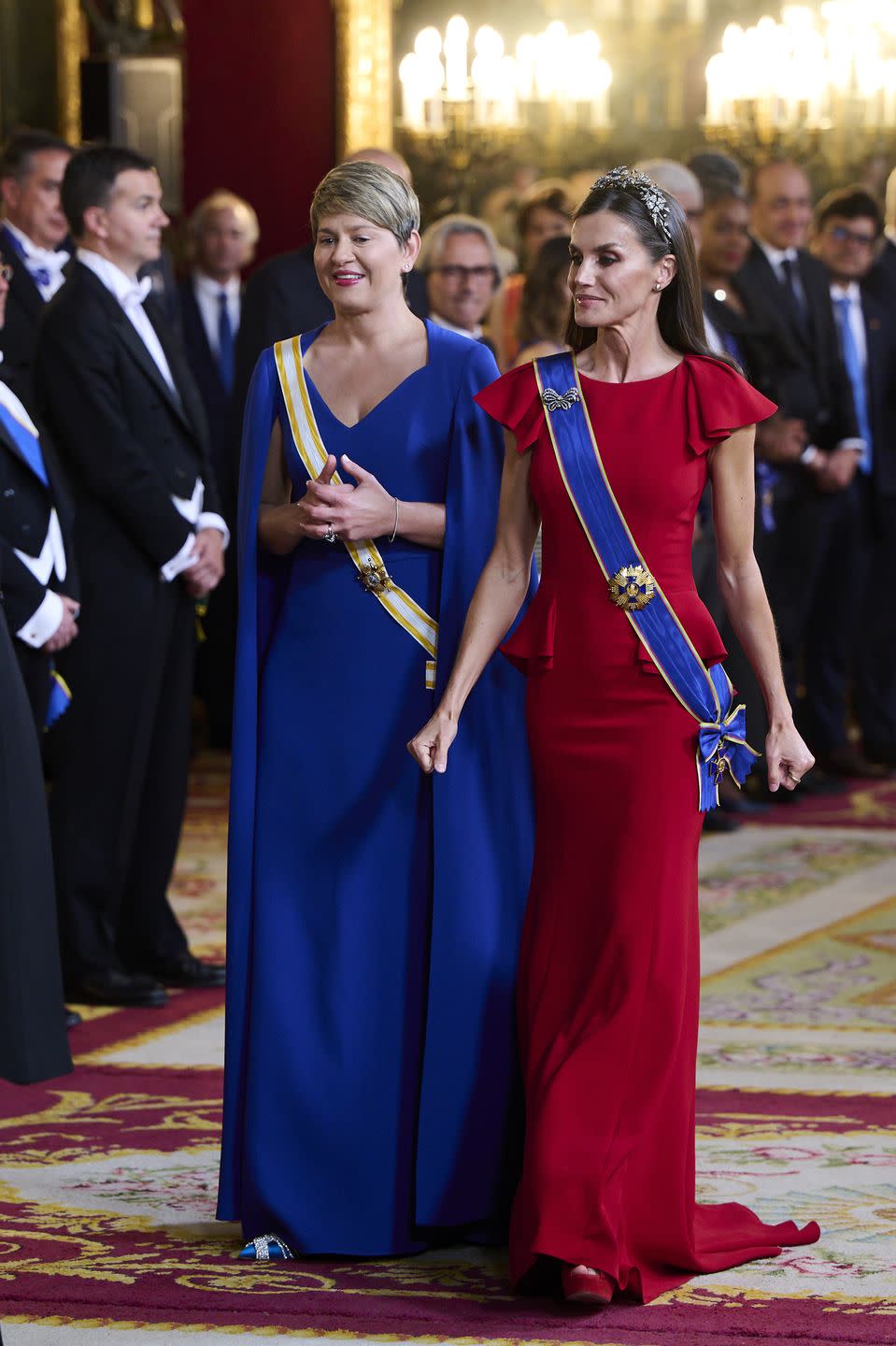 madrid, spain may 03 queen letizia of spain r and wife of the president of colombia veronica alcocer l attend a gala dinner for the president of colombia gustavo francisco petro and his wife at the royal palace on may 03, 2023 in madrid, spain photo by carlos alvarezgetty images