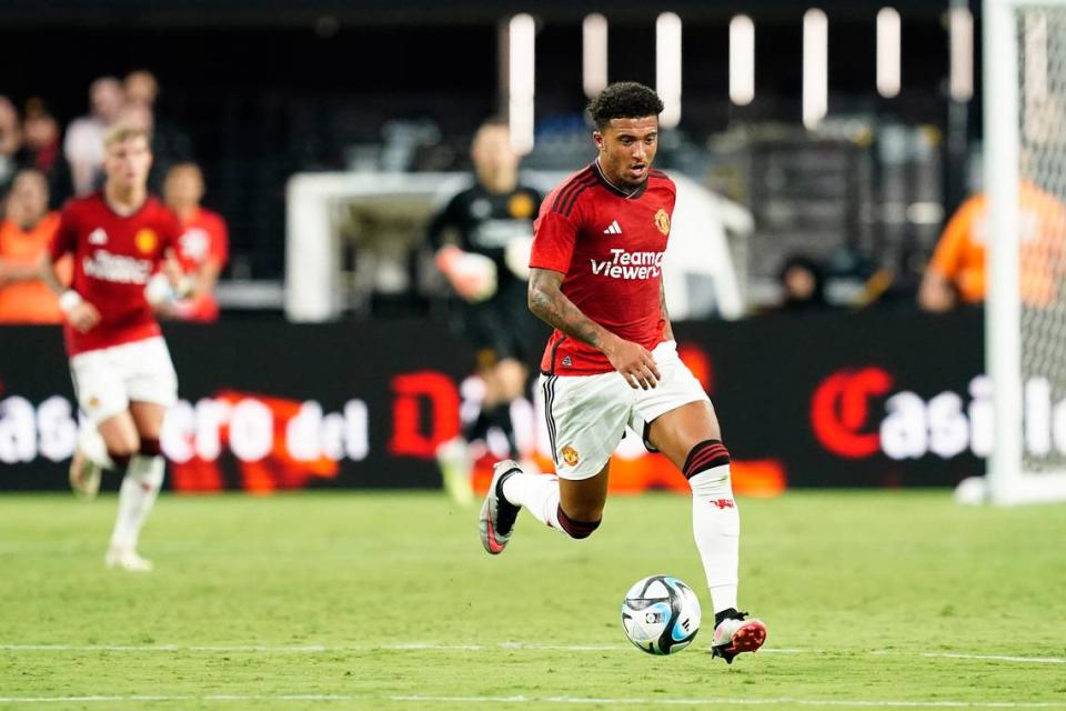 Manchester United forward Jadon Sancho (25) controls the ball during against Borussia Dortmund at Allegiant Stadium in July 2023. Lucas Peltier/USA TODAY Sports