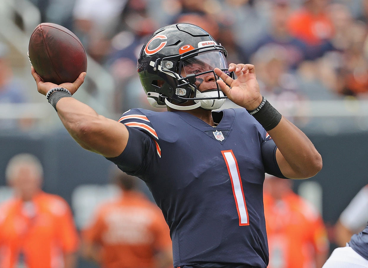 Justin Fields has stood out for the Chicago Bears this preseason but likely will be on the bench come Week 1. (Photo by Jonathan Daniel/Getty Images)