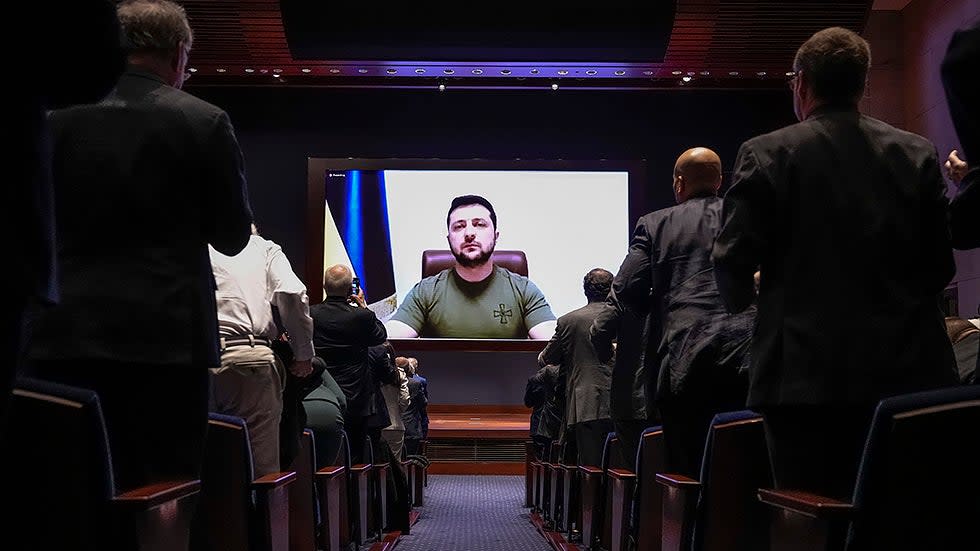 Ukrainian President Volodymyr Zelenskyy delivers a virtual address to Congress at the U.S. Capitol on March 16, 2022 