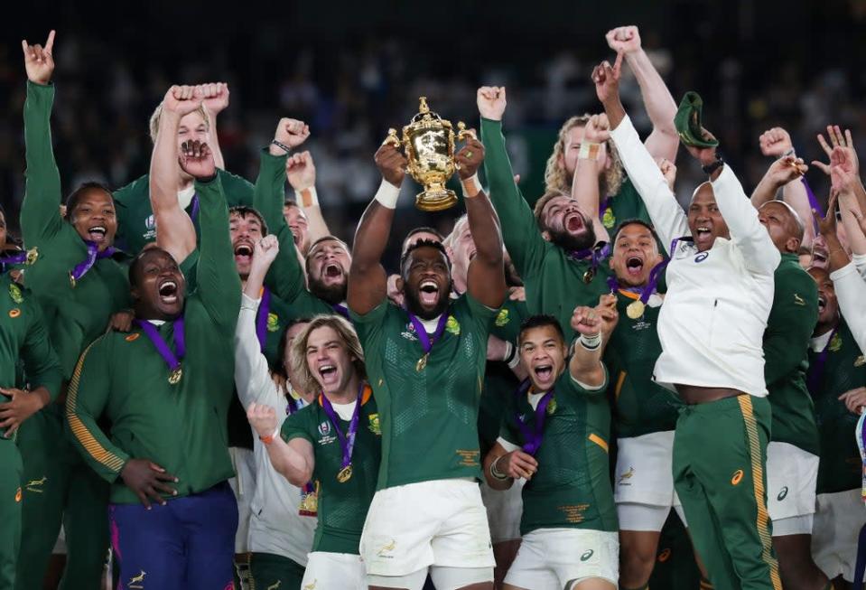 Siya Kolisi  lifts the trophy as South Africa win the 2019 Rugby World Cup final at Yokohama Stadium. (PA)