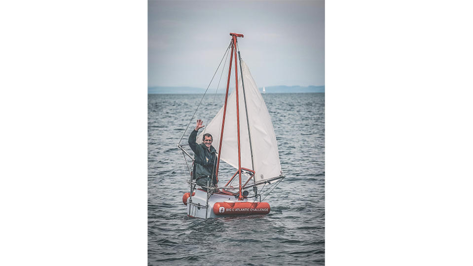 Andrew Bedwell on Big C. The solo navigator will be locked into the tiny helm seat during the 1,900-mile crossing. - Credit: Courtesy Andrew Bedwell