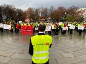 Norwegian Air crew staff demonstrate in front of the Norwegian Parliament in Oslo