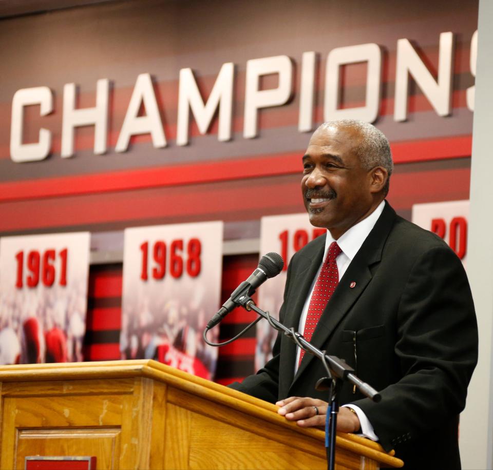 Ohio State athletic director Gene Smith held a news conference to announce a proposed comprehensive renovation project for Ohio Stadium on Tuesday, March 29, 2016. The proposed $42 million project, if approved by board of trustees, would begin in 2017, bringing upgrades to B and C decks as well as adding 35 loge boxes added along with 12 more luxury suites. (Barbara J. Perenic/The Columbus Dispatch) 