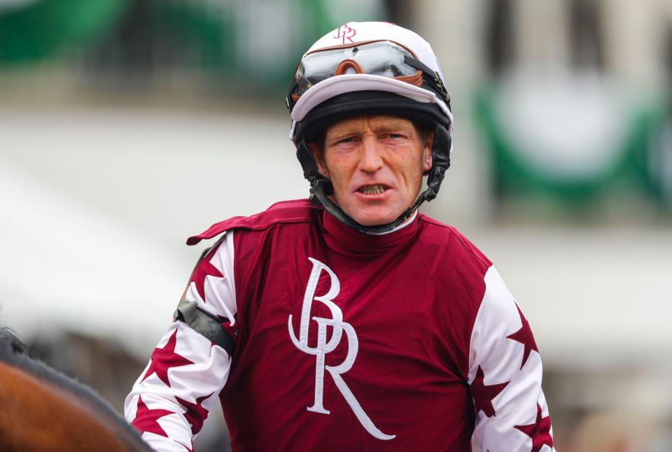 Jockey James Graham readies himself before the 4th race at the Spring Meet opening Friday at Keeneland.  April 7, 2023