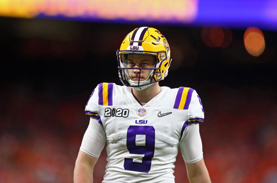LSU Tigers quarterback Joe Burrow (9) against the Clemson Tigers in the College Football Playoff national championship game at Mercedes-Benz Superdome. Burrow during his LSU playing days will be available to play as in EA Sports College Football 25.