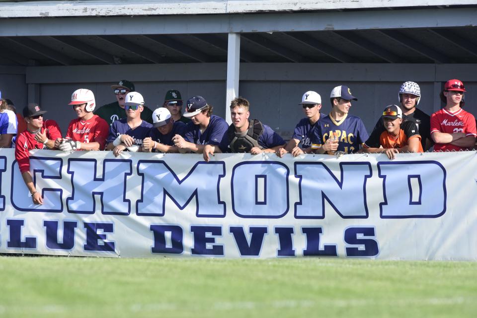 Players from the West team watch from the dugout during the Blue Water Area Senior Baseball All-Star Game at Richmond High School on Tuesday, June 28, 2022. The second edition of the game will be played Wednesday.