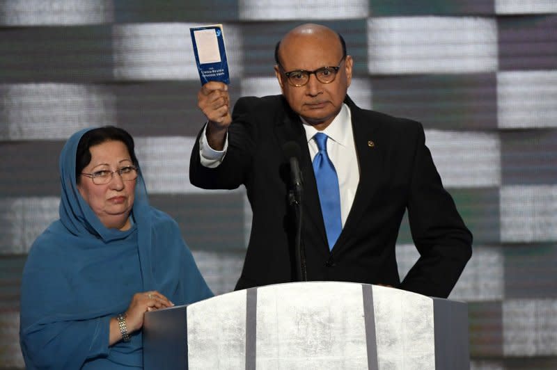 Khizr Khan, whose son, Capt. Humayun Khan, was killed in Iraq, hold us a copy of the U.S. Constitution during the Democratic National Convention at Wells Fargo Center in Philadelphia on July 28, 2016. On December 15, 1791, the Bill of Rights, comprising the first 10 amendments to the U.S. Constitution, took effect. File Photo by Pat Benic/UPI