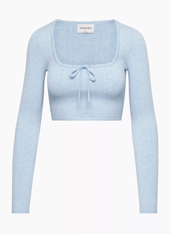 <p>Sunday Best Butterfly Sweater, $88,<a href="https://www.aritzia.com/us/en/product/butterfly-sweater/113106.html?dwvar_113106_color=31824" rel="nofollow noopener" target="_blank" data-ylk="slk:available here;elm:context_link;itc:0;sec:content-canvas" class="link "> available here </a>(sizes XXS-XL)</p>