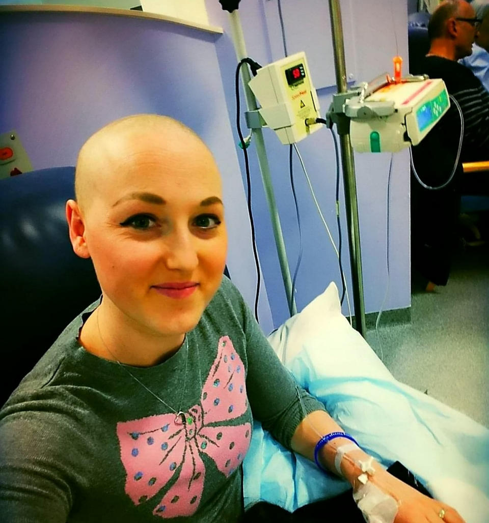 Sarah in hospital undergoing breast cancer treatment. [Photo: SWNS]
