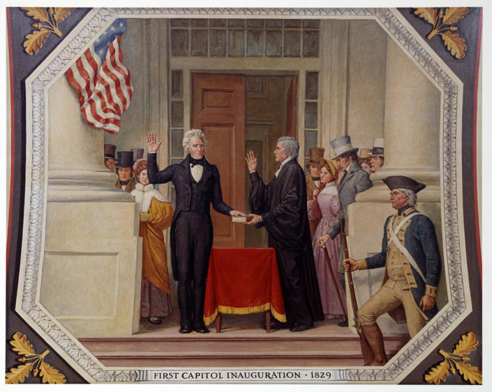 <p>Chief Justice John Marshall administering the oath of office to Andrew Jackson on the east portico of the U.S. Capitol, March 4, 1829. (Photo: Allyn Cox/Library of Congress) </p>