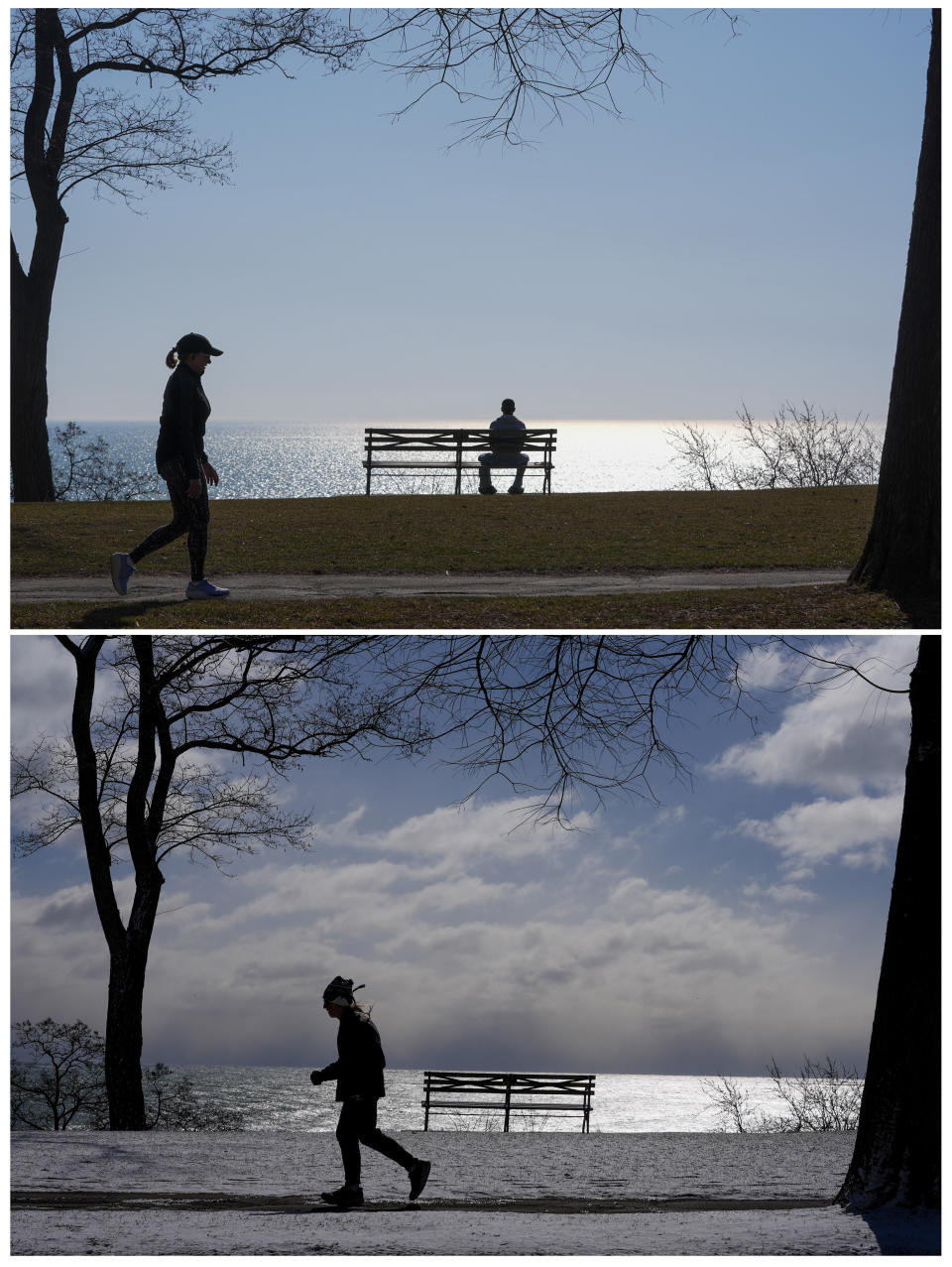 This combination of photos shows the 50 degree change in temperature in Milwaukee over a 24 hour period. The top photo shows people enjoying unseasonably mild temperatures above 70 degrees near Lake Michigan on Tuesday, Feb. 27, 2024. Below shows a runner braving cold weather near 20 degrees at the same location on Wednesday, Feb 28. (AP Photo/Morry Gash)