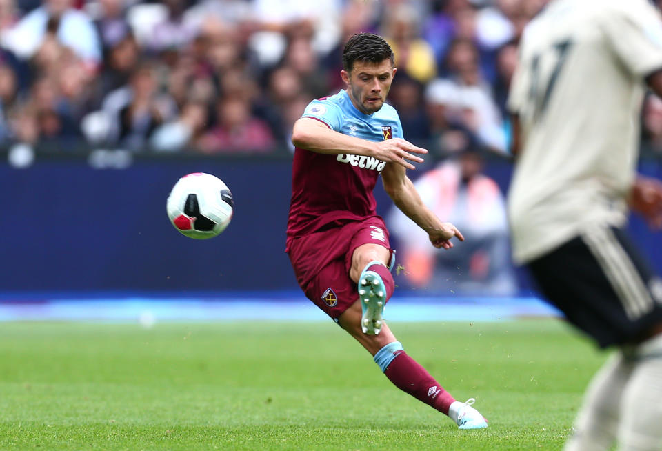 Aaron Cresswell of West Ham United scores his teams second goal. (Credit: Getty Images)