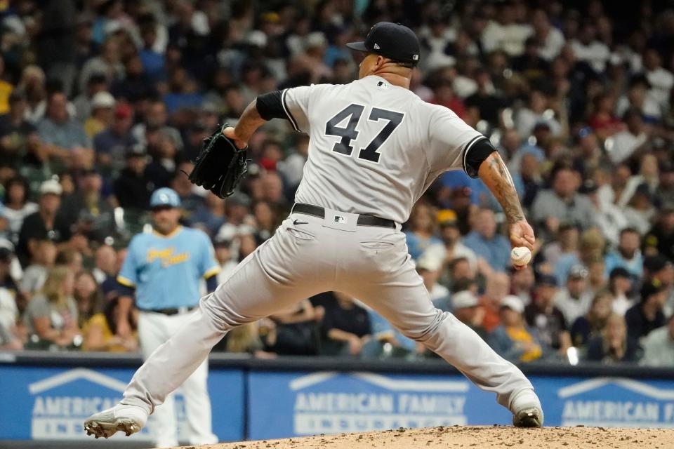 New York Yankees starting pitcher Frankie Montas throws during the first inning of a baseball game against the Milwaukee Brewers Friday, Sept. 16, 2022, in Milwaukee. (AP Photo/Morry Gash)