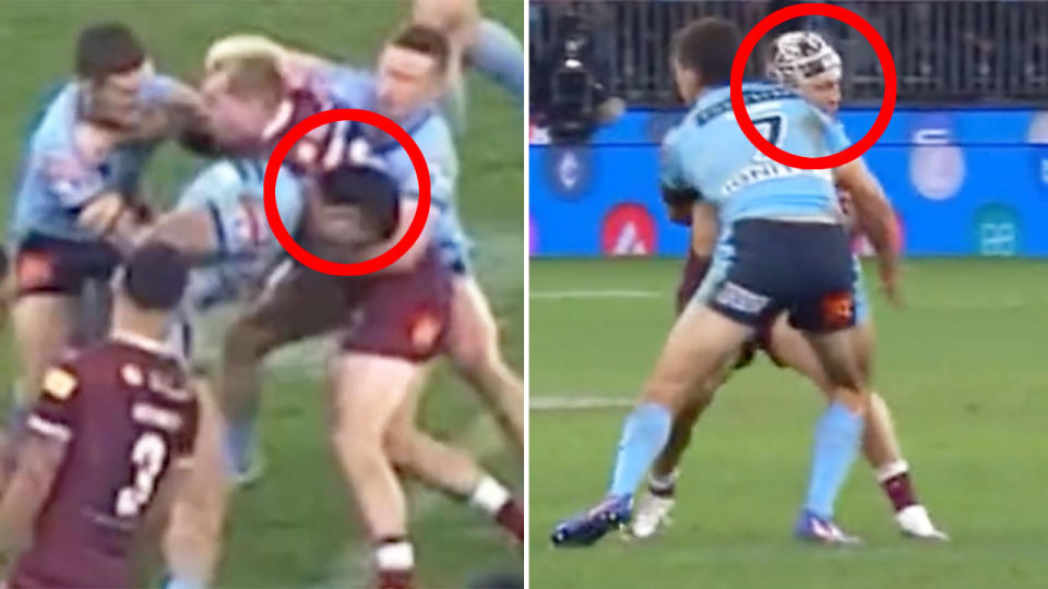 Pictured left to right, NSW stars Stephen Crichton and Nathan Cleary involved in controversial tackles in Origin II.