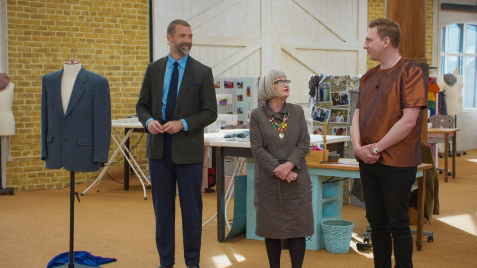 Sewing Bee's Patrick Grant, Esme Young, Joe Lycett. (BBC/Love Productions)