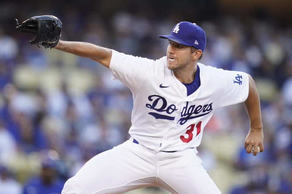 Los Angeles Dodgers starting pitcher Tyler Anderson (31) throws during the second inning of a baseball game against the Chicago Cubs in Los Angeles, Friday, July 8, 2022. (AP Photo/Ashley Landis)