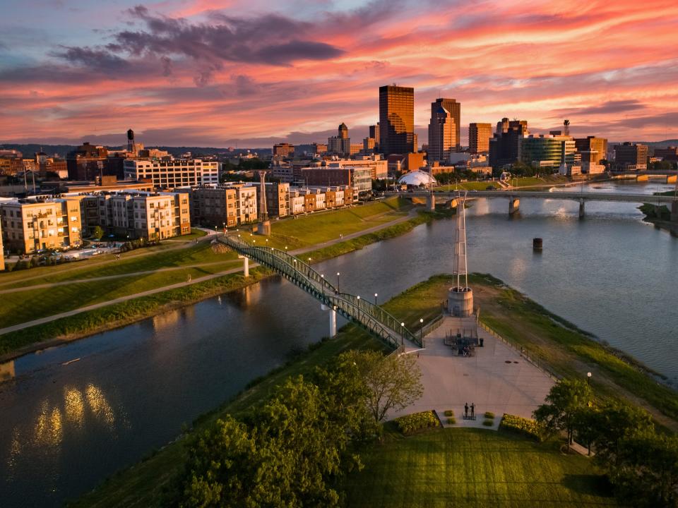 Sunset view of downtown Dayton and the river