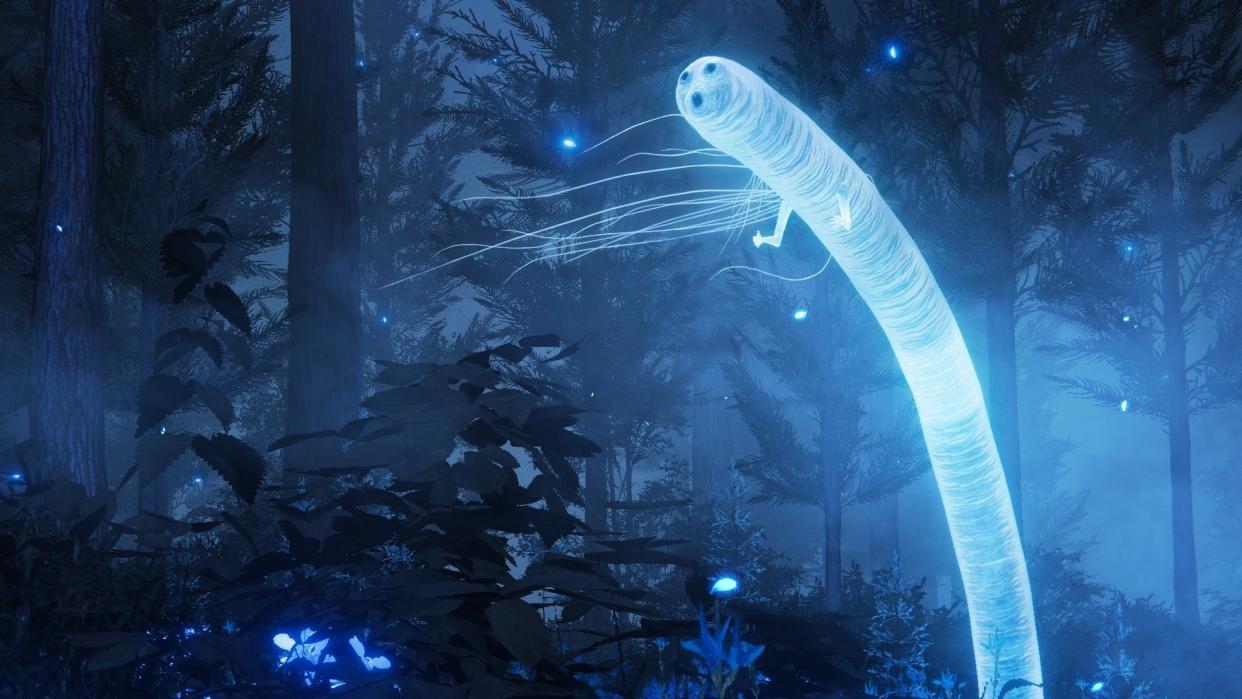  Glowing ethereal worm with simple surprised face and tiny hands in shrouded blue forest. 
