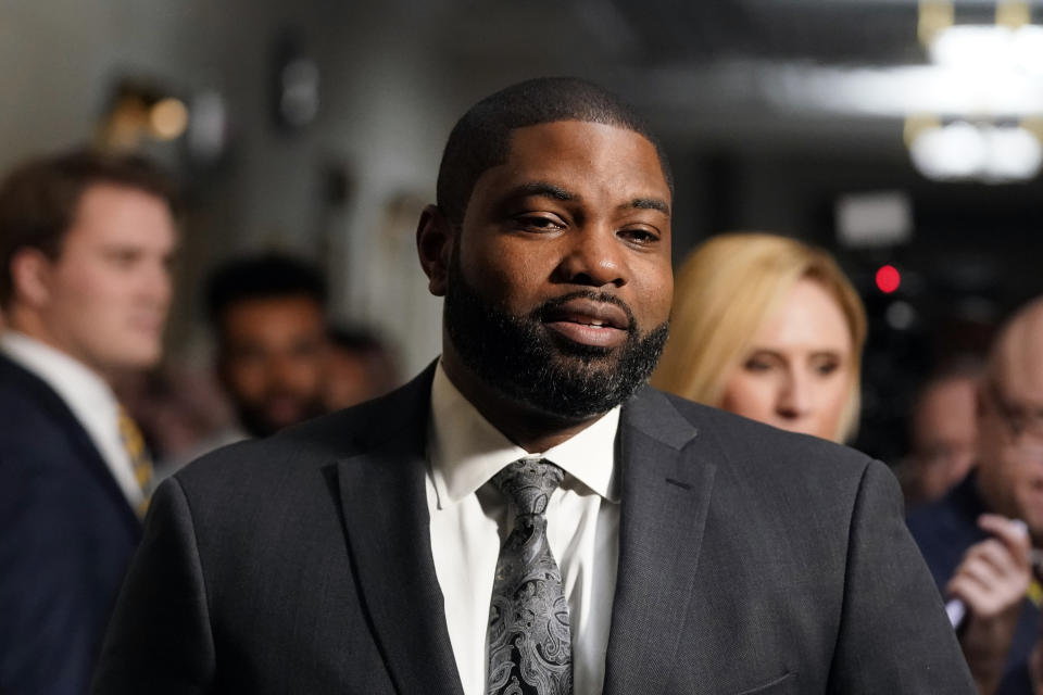 Rep. Byron Donalds, R-Fla., arrives as Republicans meet to decide who to nominate to be the new House speaker, on Capitol Hill in Washington, Monday, Oct. 23, 2023. (AP Photo/Alex Brandon)