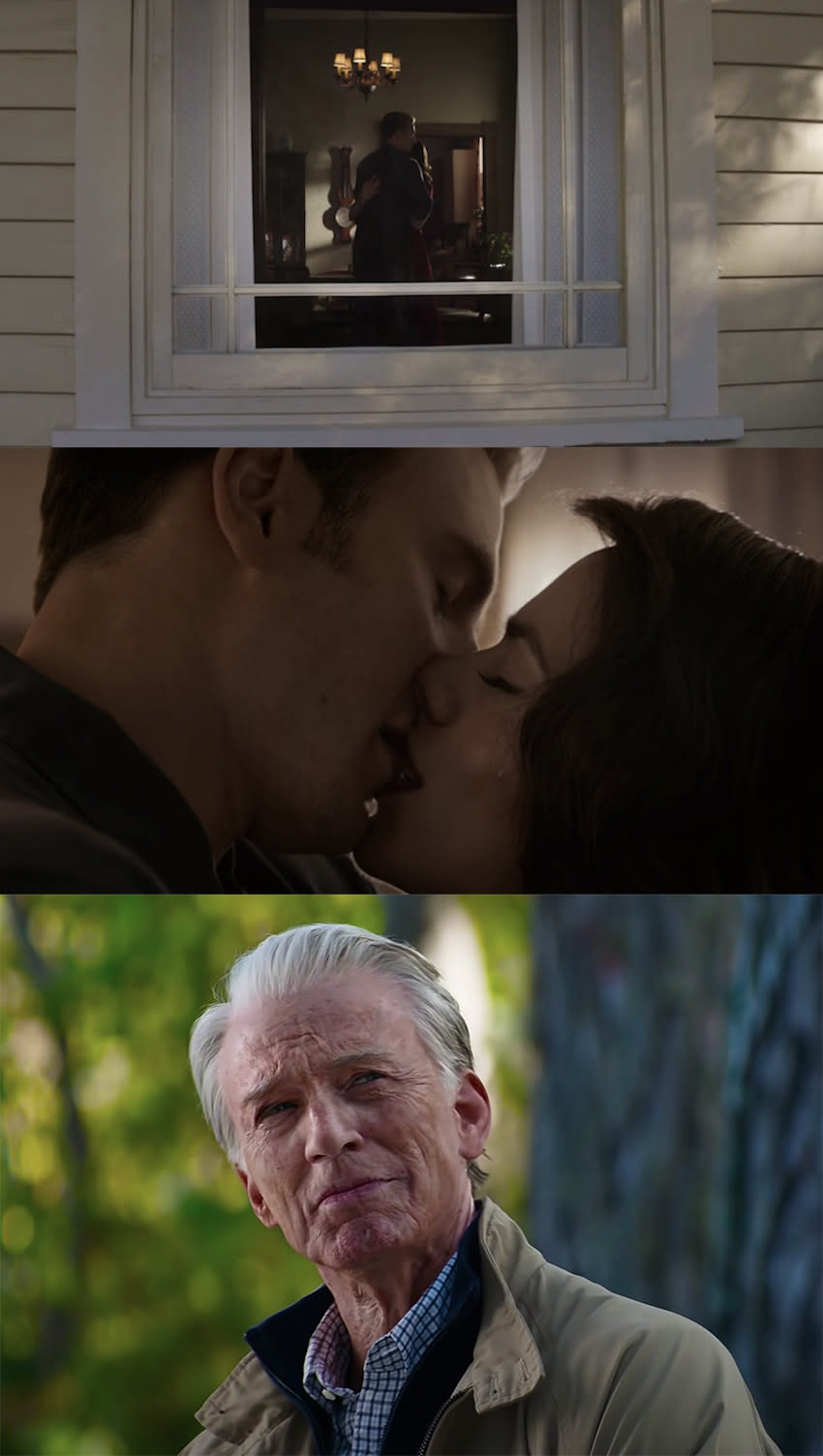 Steve Rogers and Peggy dancing in their home and kiss. Then back in present-day when Steve Rogers is an old man.